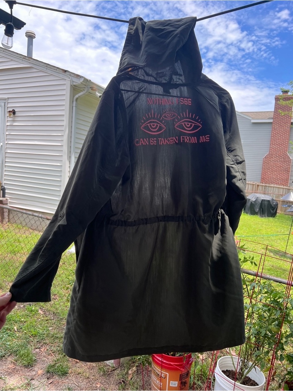 Dark Olive Green Hooded Anorak Jacket with Pink Phish Graphic added with HTV